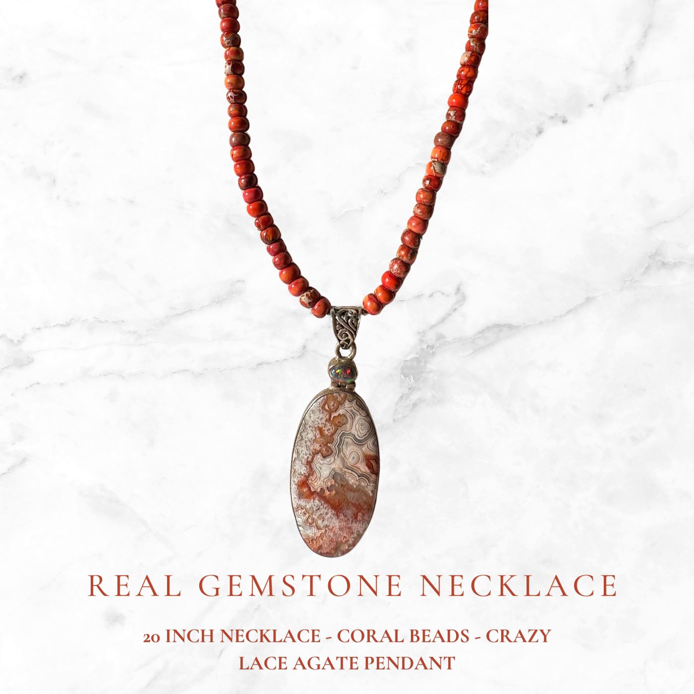 Coral + Crazy Lace Agate Necklace